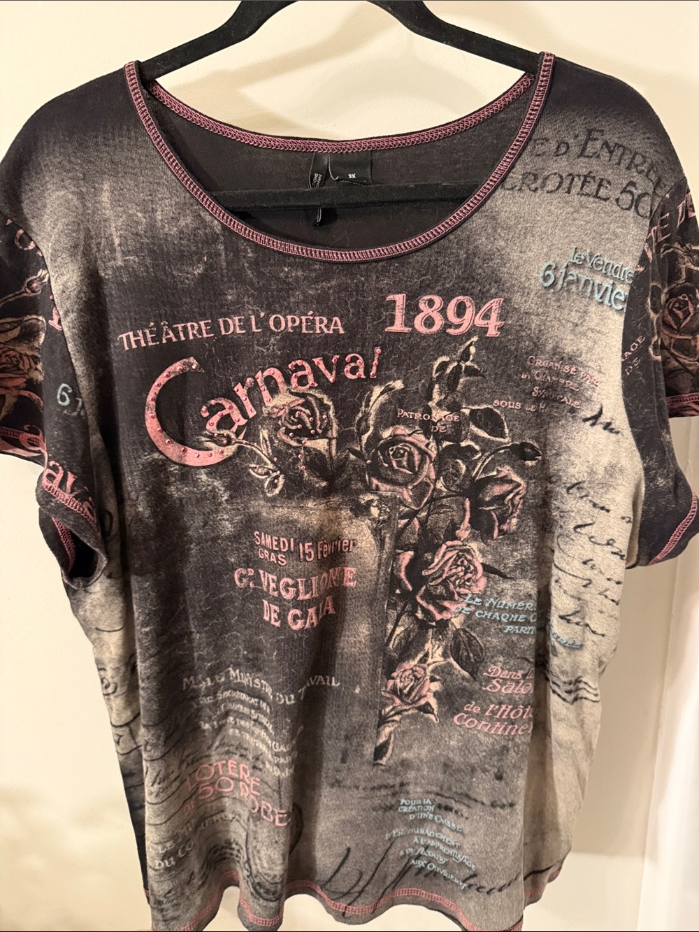 New Directions Black / Charcoal Graphic Tee with Dusty Pink Floral & French Type